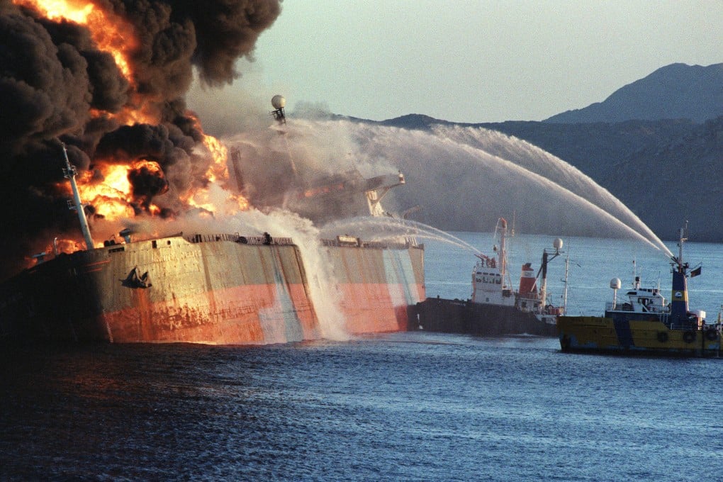 A tanker is seen ablaze in 1987 after being attacked by an Iranian warship as it approached the Strait of Hormuz. Photo: AFP