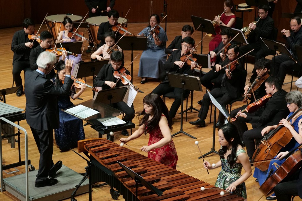 Brazilian composer and percussionist Ney Rosauro (left, on platform) leads the City Chamber Orchestra of Hong Kong for the “Brazilian Fantasy” concert on June 25, 2025. Photo: City Chamber Orchestra of Hong Kong
