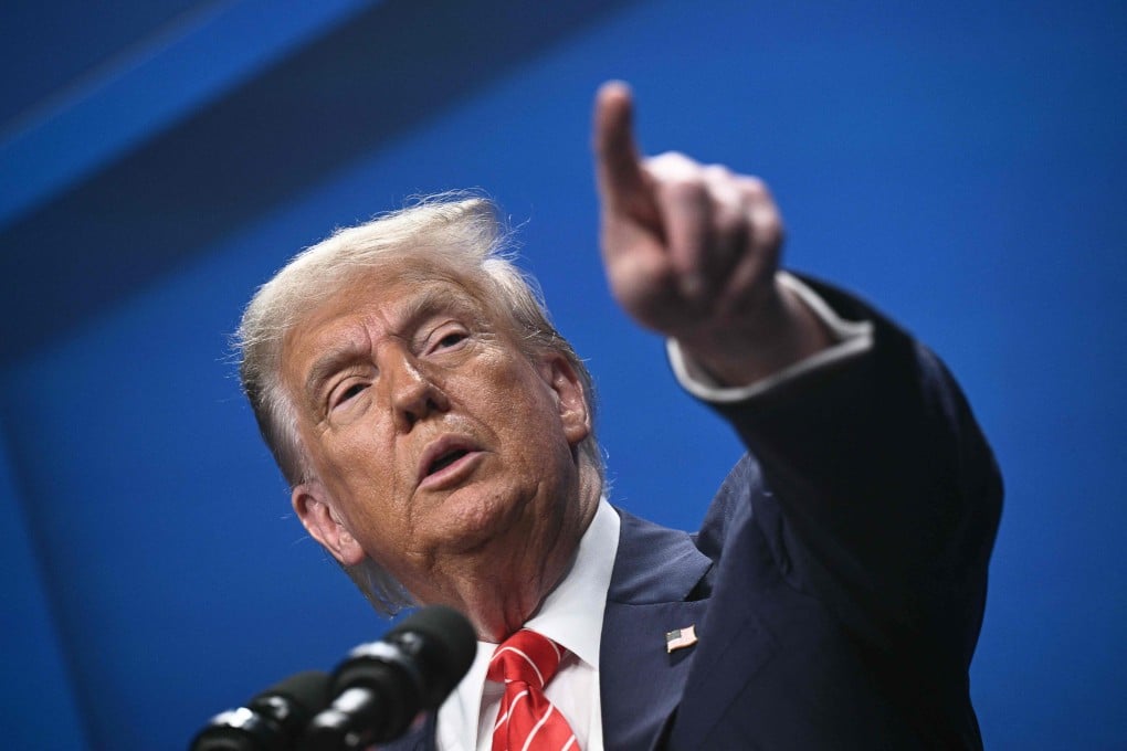 US President Donald Trump gestures as he gives a press conference during the Nato summit at the Hague on Wednesday. Photo: AFP