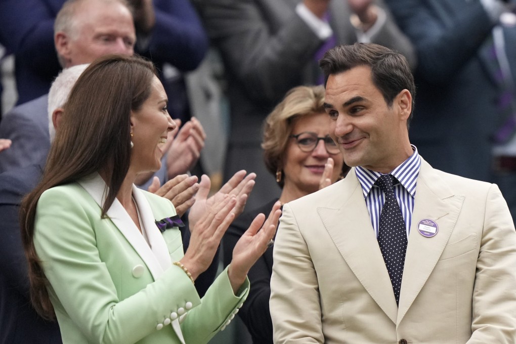 Roger Federer, the most successful male player at Wimbledon, in the Royal Box with the Princess of Wales in 2023. Photo: AP