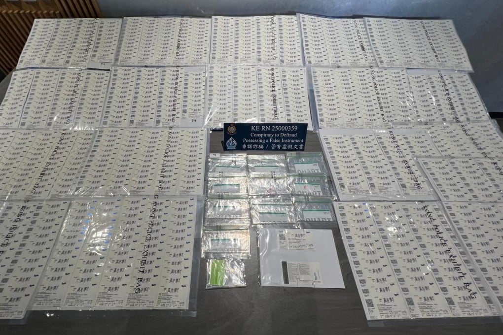 Officers found 1,073 fake concert tickets in a hotel room in To Kwa Wan while two were seized from the suspects. Photo: Handout