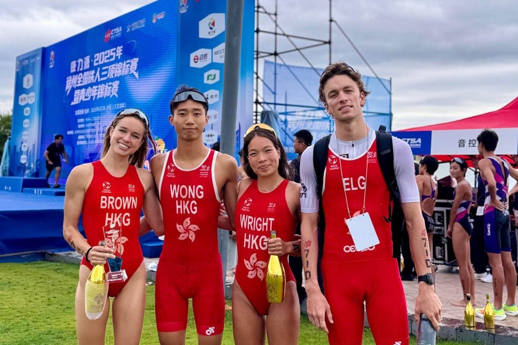 Hong Kong triathletes (from left) Bailee Brown, Wong Tsz-to, Cade Wright and Robin Elg before collecting their silver medals at the China National Triathlon Championships. Photo: HKTA