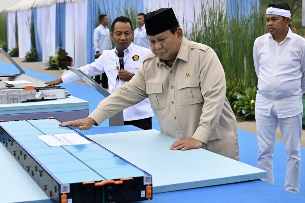 Indonesian President Prabowo Subianto holding one of the EV battery products during the inauguration of Southeast Asia’s largest battery industry project in Karawang, West Java, Indonesia, on Sunday. Photo: AFP