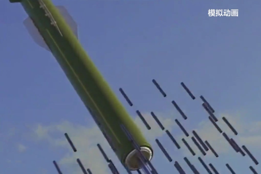 A video posted by CCTV on Thursday shows a weapon ejecting cylinder-shaped submunitions. Photo: Handout