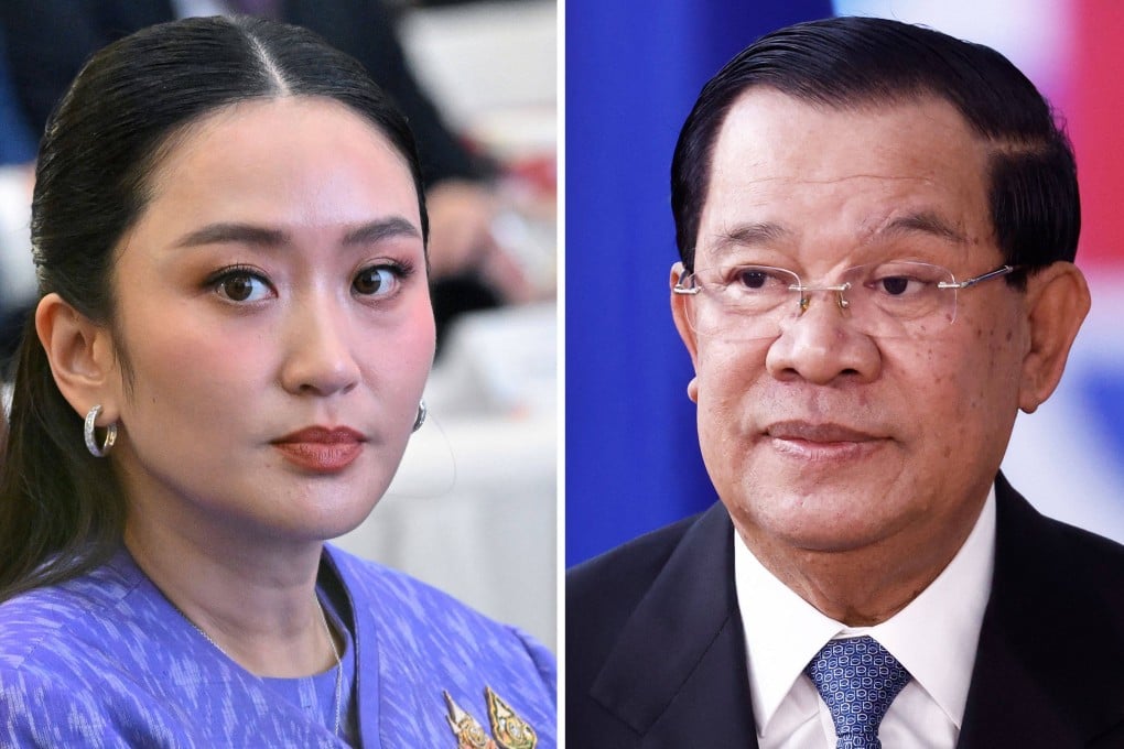 Thailand’s Prime Minister Paetongtarn Shinawatra (left) taking part in a business forum in Hanoi on May 16 and Cambodia’s then-prime minister Hun Sen at the EU-Asean summit on December 14, 2022. Photo: AFP