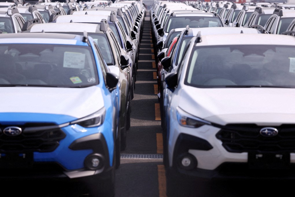 Newly manufactured Subaru cars awaiting export are parked at a port in Yokohama, south of Tokyo, Japan, in March. Photo: Reuters