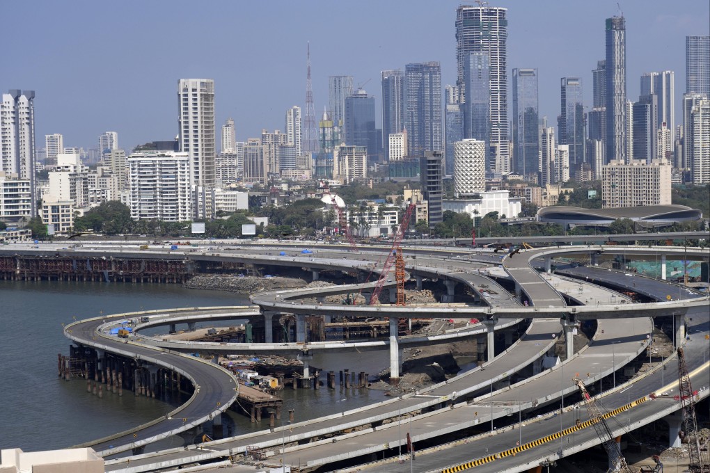 A coastal road project is seen in front of the skyline of Mumbai on February 1, 2024. Photo: AP