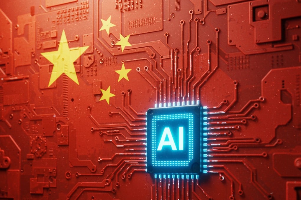 An illustration shows the Chinese flag on a circuit board with a glowing AI chip. Photo: Shutterstock Images