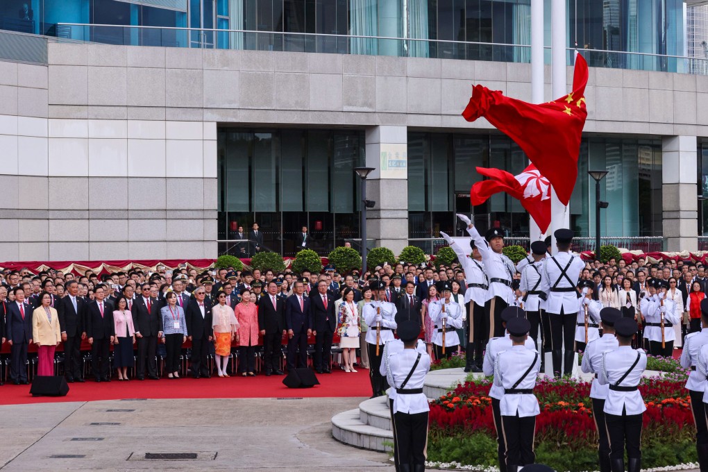 A flag-raising ceremony held to mark the 28th anniversary of Hong Kong’s return to Chinese sovereignty. Photo: Nora Tam