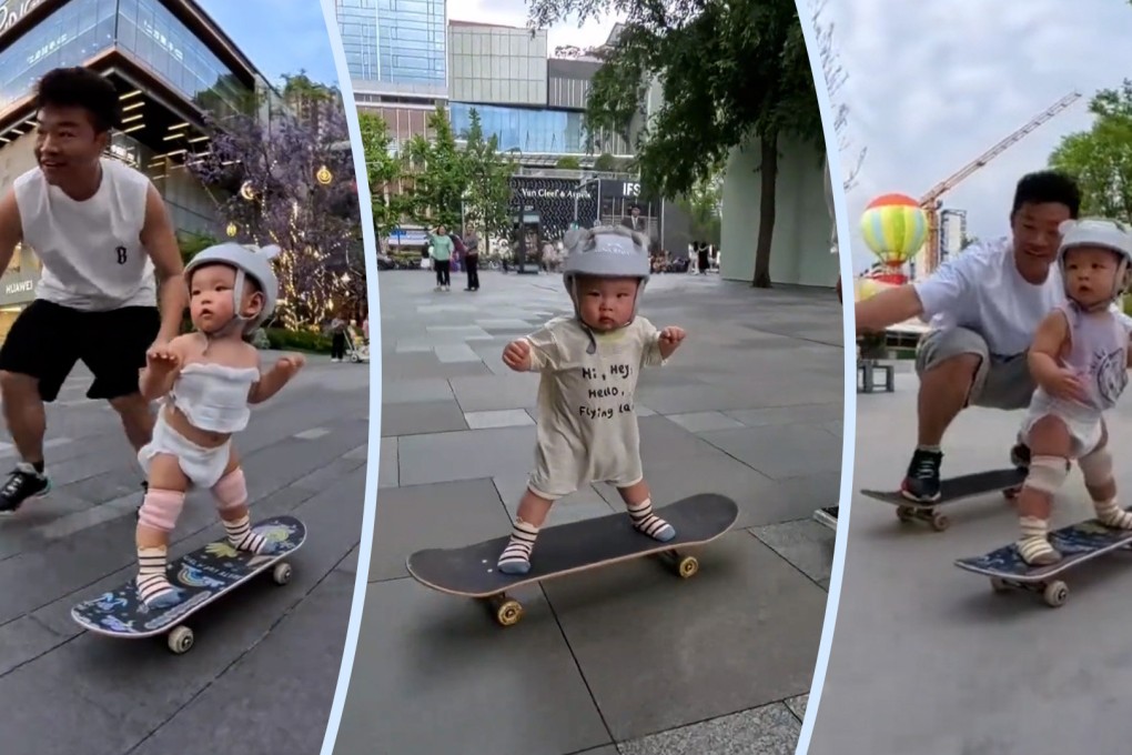 A baby in China has become an online sensation for skateboarding while donning protective headgear and just his nappies. Photo: SCMP composite/Douyin