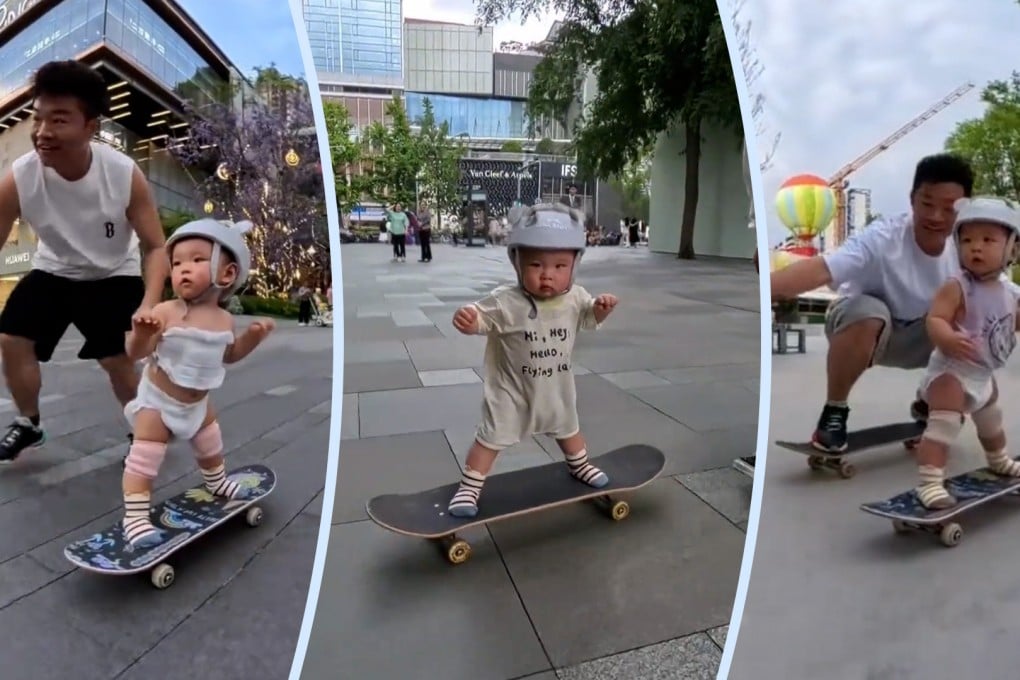 A baby in China has become an online sensation for skateboarding while donning protective headgear and just his nappies. Photo: SCMP composite/Douyin