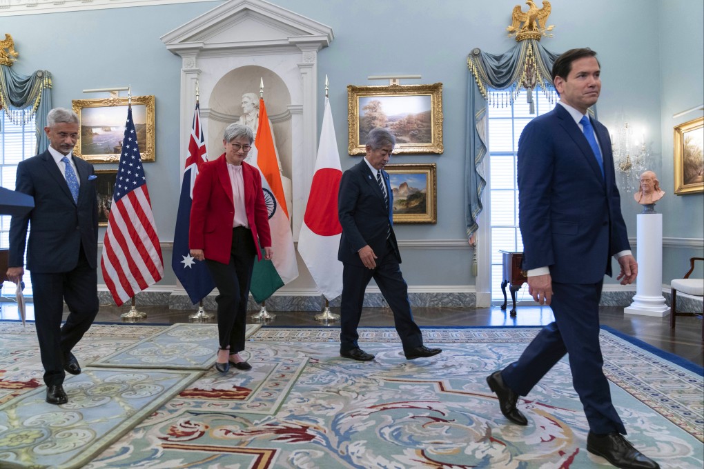 US Secretary of State Marco Rubio (far right) and his Quad counterparts, (from left) Subrahmanyam Jaishankar, Penny Wong and Iwaya Takeshi, leave after speaking to the media in Washington on Tuesday. Photo: AP