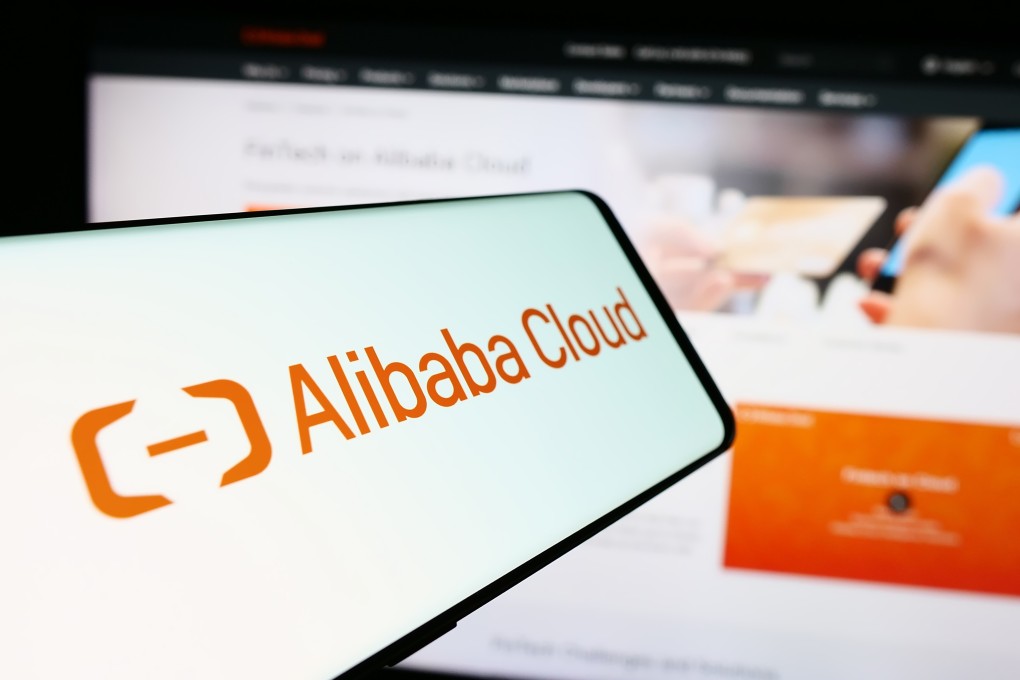 A smartphone displays the logo of Alibaba Cloud in this arranged photograph. Photo: Shutterstock Images