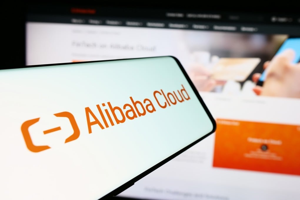 A smartphone displays the logo of Alibaba Cloud in this arranged photograph. Photo: Shutterstock Images