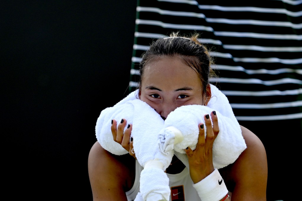 Zheng Qinwen shows her disappointment following her first-round defeat to Katerina Siniakova at Wimbledon. Photo: Xinhua
