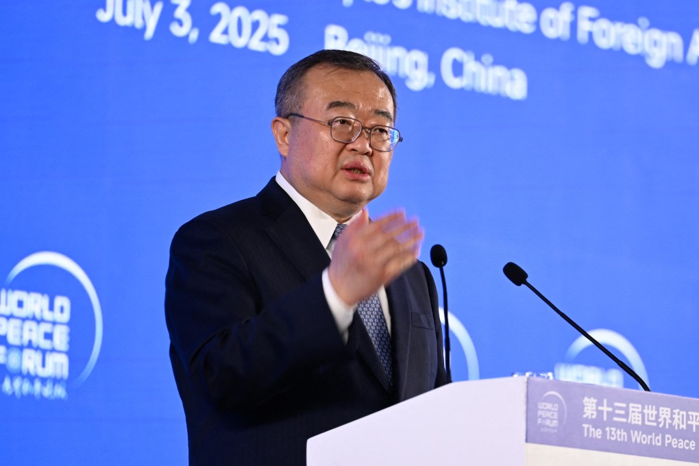 Liu Jianchao, head of the Communist Party’s diplomatic arm, speaks during the 13th World Peace Forum in Beijing, China on Thursday. Photo: AFP
