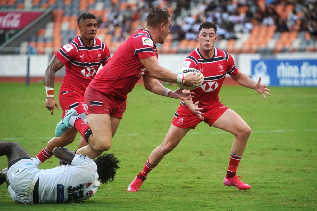 Hong Kong’s Paul Altier receives a pass in the match against Sri Lanka at Kai Tak Youth Sports Ground last month. Photo: Sun Yeung