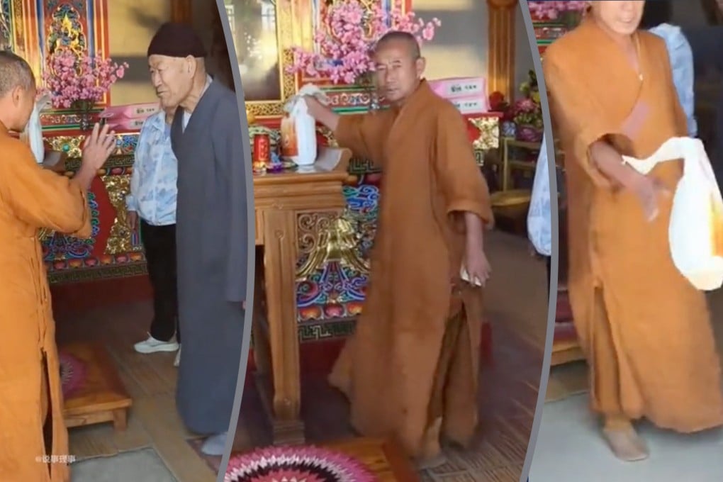 A monk at a sacred temple in China has sparked public outrage after he berated an elderly couple for giving a donation of rice that he considered “too small”. Photo: SCMP composite/Douyin