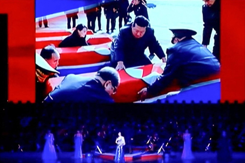 A screen displays North Korea’s leader Kim Jong-un looking at coffins during a performance attended by Kim and Russian Minister of Culture Olga Lyubimova in Pyongyang. Photo: Korean Central Television/AFP
