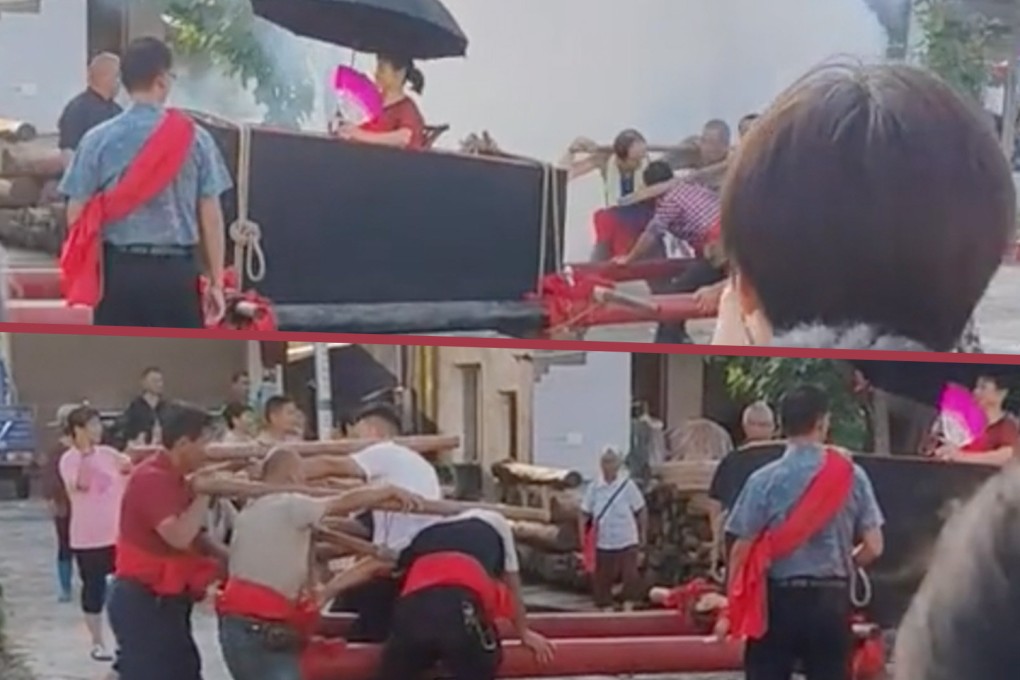 A Chinese man bought a coffin for his elderly mother to sit in at the head of a procession as part of an old rural ritual to demonstrate filial piety. Photo: SCMP composite/Douyin
