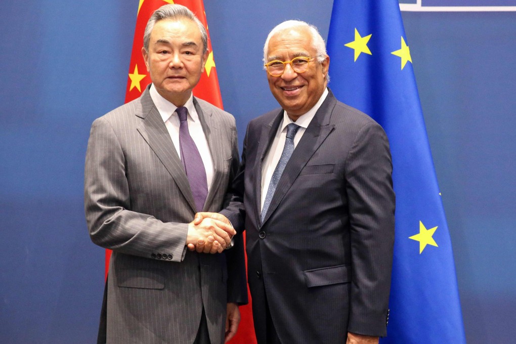 Chinese Foreign Minister Wang Yi with European Council President Antonio Costa in Brussels on Wednesday. Photo: AFP