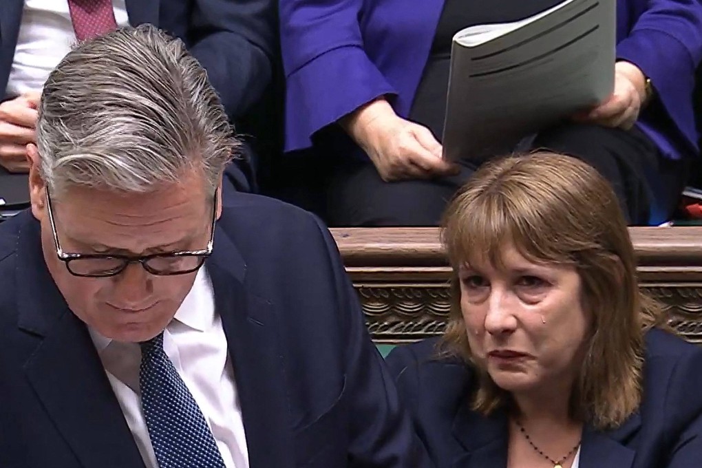 Britain’s Chancellor of the Exchequer Rachel Reeves appears tearful in the House of Commons. Photo by PRU via AFP