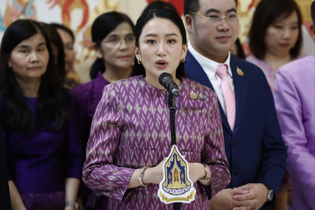 Court-suspended Thai Prime Minister Paetongtarn Shinawatra (centre) talks to ministry officials in her new role as culture minister in Bangkok, Thailand, on Friday. Photo: EPA