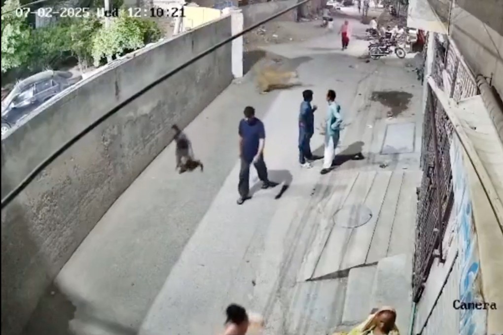 An escaped pet lion chased people down a street in Pakistan’s Lahore, with CCTV footage released by the police showing the animal jumping the barrier around its home. Photo: Handout
