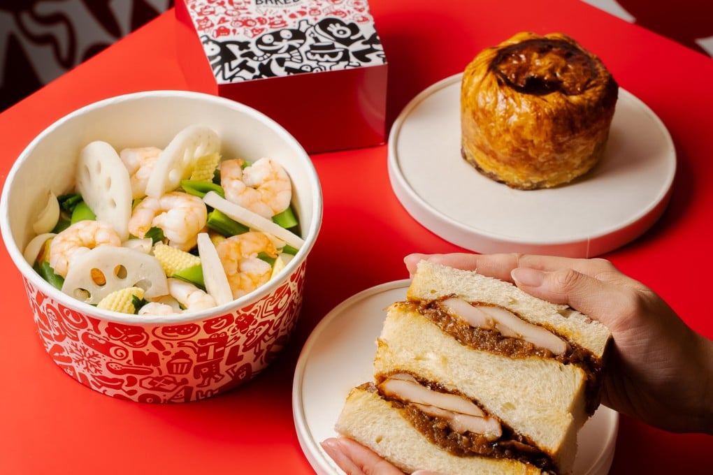 (Clockwise from left) Lotus root and celtuce salad with pine nut dressing; Szechuan spicy peppercorn beef pie; and char siu sauce chicken thigh sandwich from LMO Freshly Baked in the Landmark Atrium, Central, Hong Kong, created in a collaboration between Amber’s Richard Ekkebus and The Chairman’s Danny Yip. Photo: LMO Freshly Baked