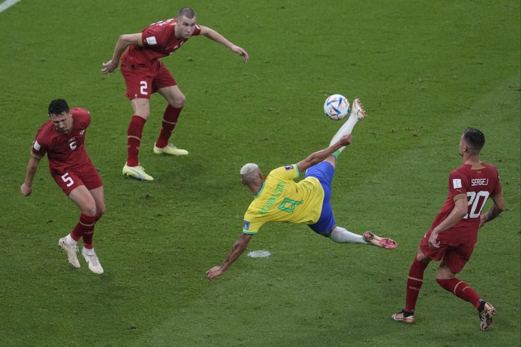Richarlison scores the second of his two goals in Brazil’s 2-0 group stage win over Serbia at the 2022 World Cup in Qatar. Photo: AP