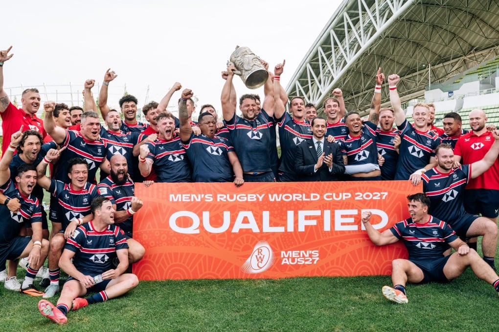 The Hong Kong squad celebrate after qualifying for the 2027 Rugby World Cup by beating South Korea in Incheon. Photo: HKCR