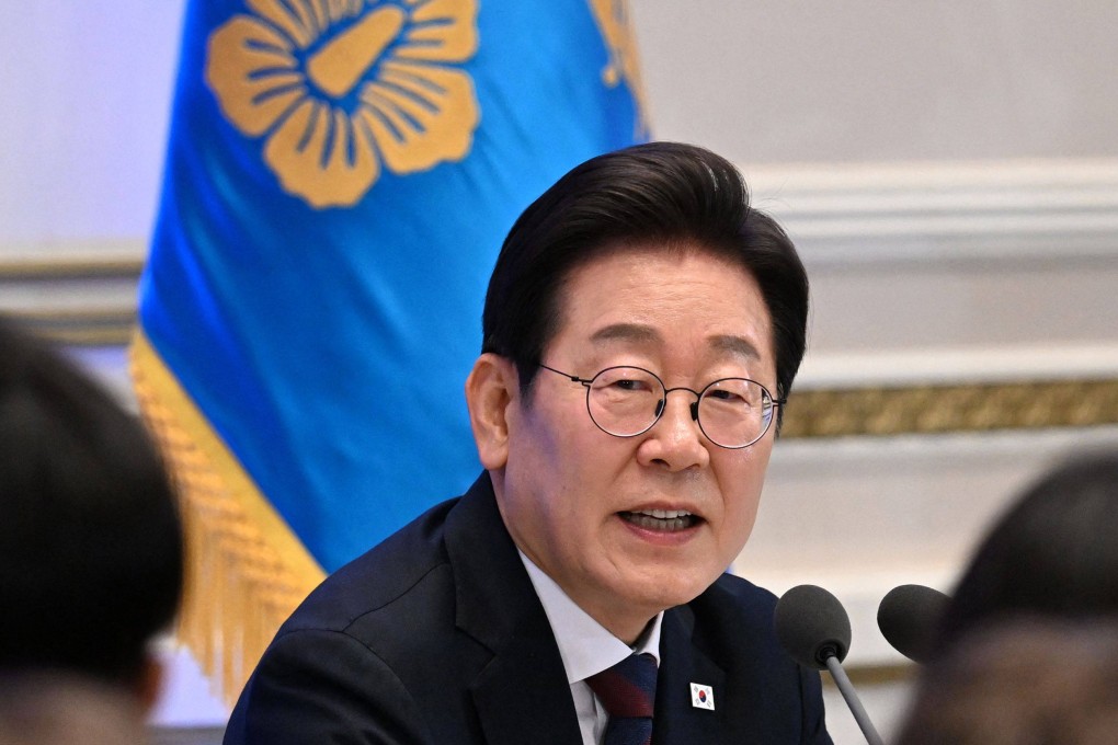 South Korean President Lee Jae-myung at a press conference to mark his first 30 days in office on Thursday. Photo: AFP