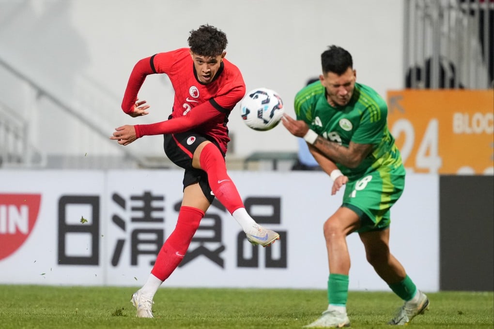 Raphael Merkies fires at goal during his official Hong Kong debut against Macau. Photo: Sam Tsang