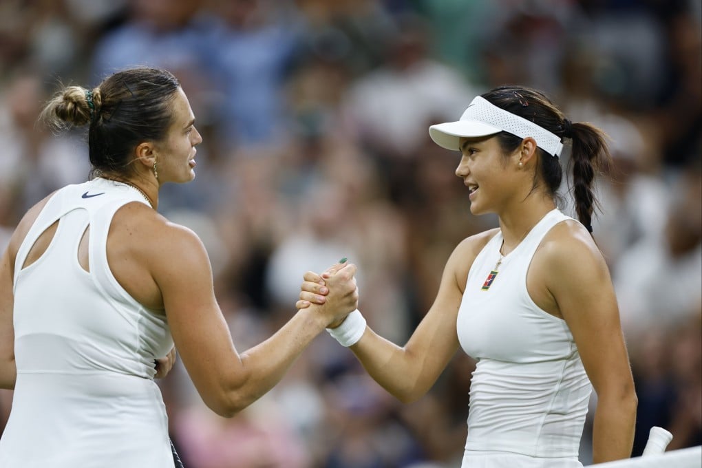 Aryna Sabalenka of Belarus (left) shakes hands with Britain’s Emma Raducanu after their thrilling third-round Wimbledon match on Friday. Photo: EPA