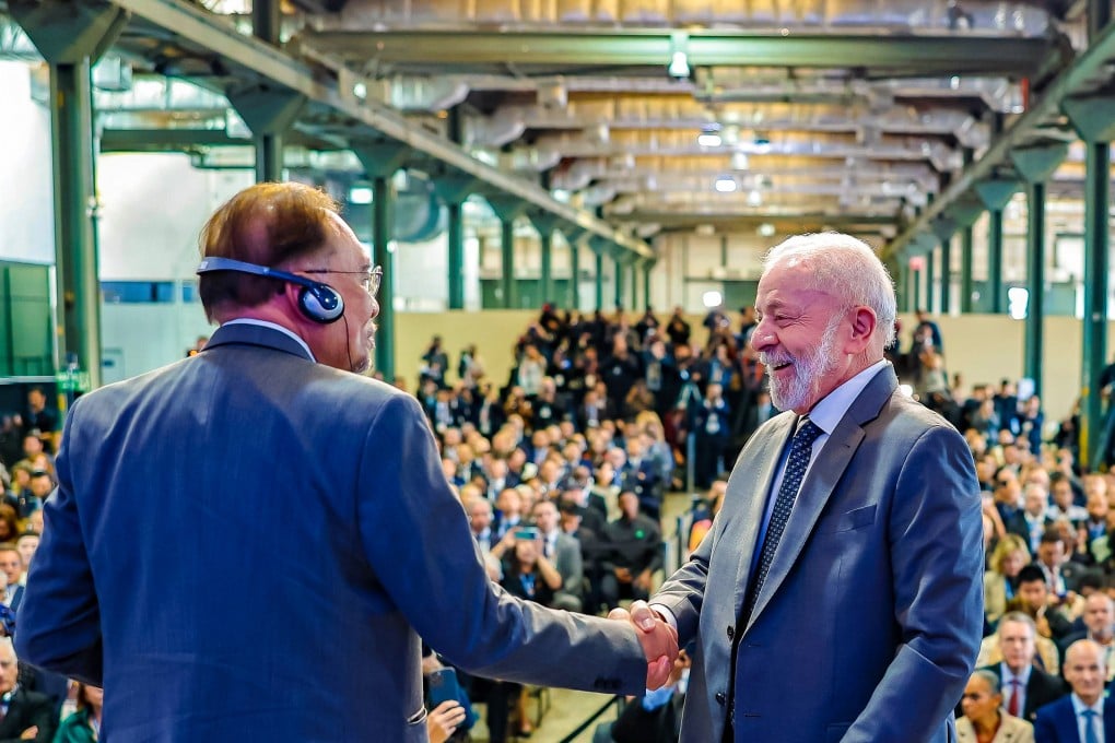 Malaysian Prime Minister Anwar Ibrahim (left) and Brazilian President Luiz Inacio Lula da Silva (right) shake hands at the opening ceremony of the Brics Business Forum in Rio de Janeiro, Brazil on Saturday. Photo: Ricardo Stuckert/ Brazil’s Presidency