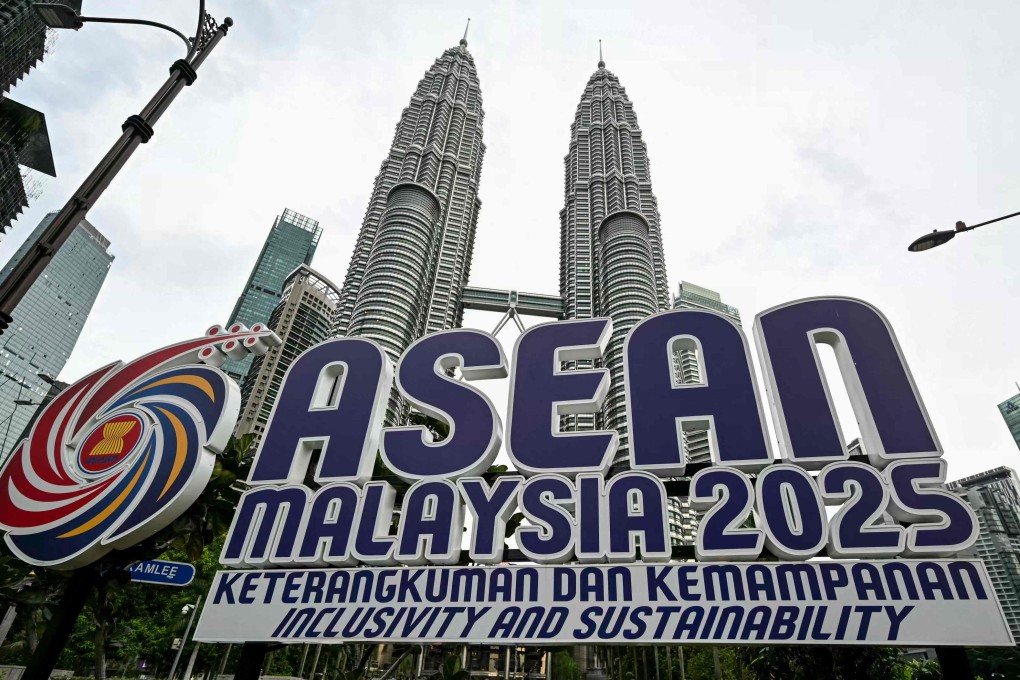 The Asean logo in front of Malaysia’s Petronas Twin Towers in Kuala Lumpur. Asean foreign ministers are meeting in the city from Tuesday to Friday. Photo: AFP