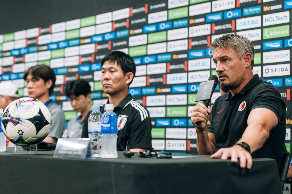 Hong Kong coach Ashley Westwood (right) speaks at a pre-tournament press conference. Photo: HKFA
