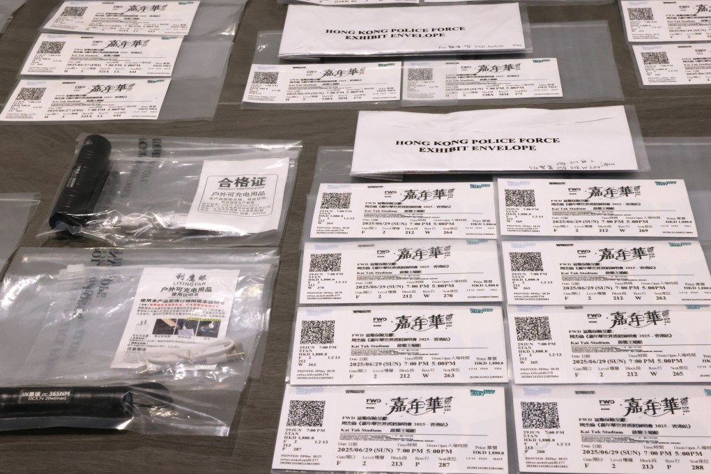 Hong Kong police display fake concert tickets at a press conference held in mid-June at Kowloon East Regional Headquarters in Kai Tak. Photo: Jelly Tse