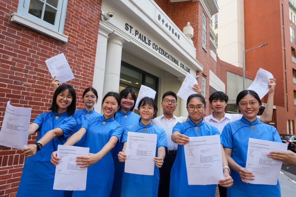 St Paul’s Co-educational College students pose for pictures after receiving the results of the IB examinations. Photo: Sam Tsang