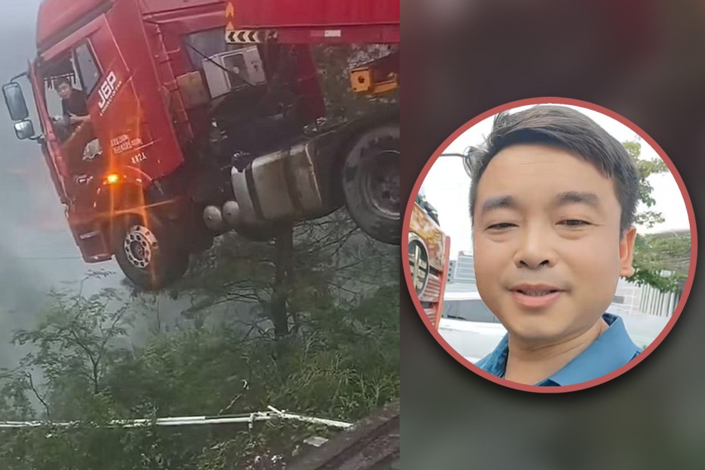 A man, known as China’s “luckiest driver,” managed to survive even as half of his truck hung precariously from a collapsed bridge following a landslide. Photo: SCMP composite/Douyin