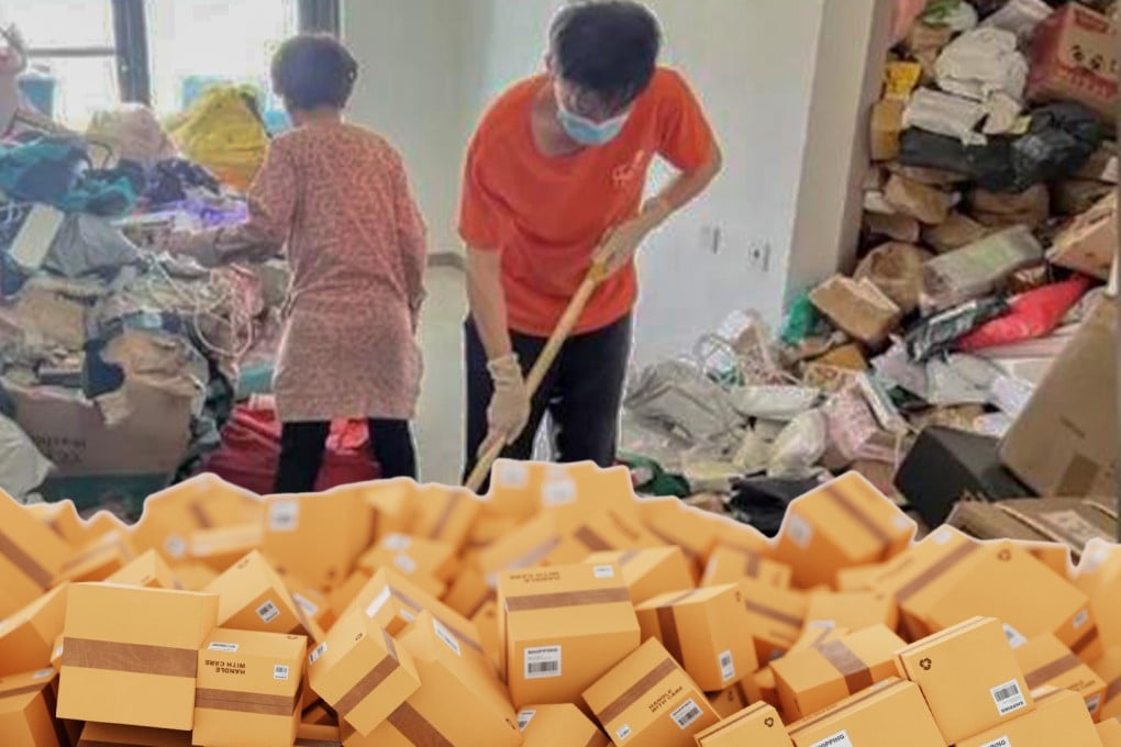 An elderly woman in China has spent US$280,000 online shopping due to an addiction which has left unopened packages stacked ceiling-high at her home. Photo: SCMP composite/Shutterstock/Douyin