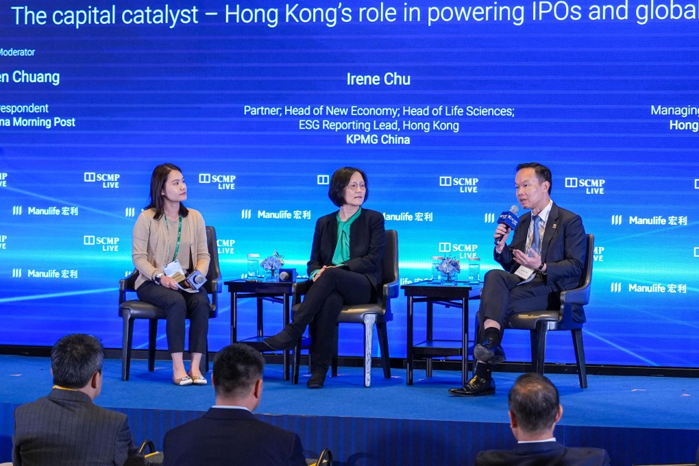From left: SCMP Correspondent Aileen Chuang, KPMG Partner Irene Chu, and HKEX’s head of global issuer services Johnson Chui. Photo: Eugene Lee