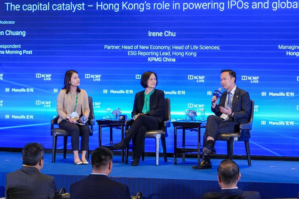 From left: SCMP Correspondent Aileen Chuang, KPMG Partner Irene Chu, and HKEX’s head of global issuer services Johnson Chui. Photo: Eugene Lee