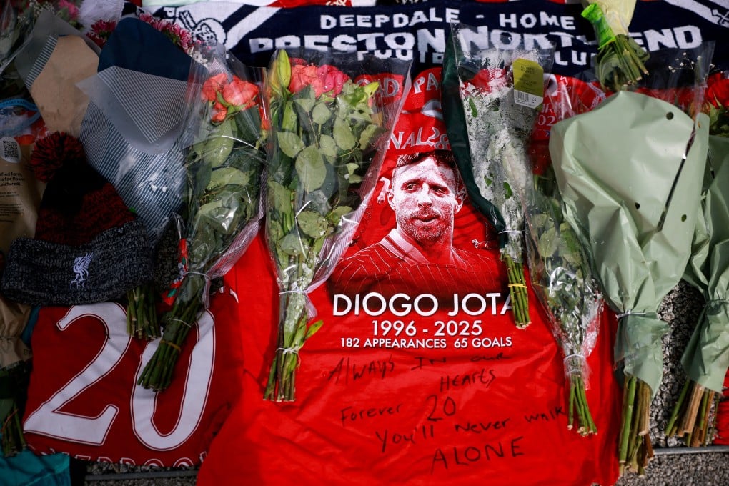 Tributes lie outside Anfield after the death of Liverpool’s Diogo Jota. Photo: Reuters
