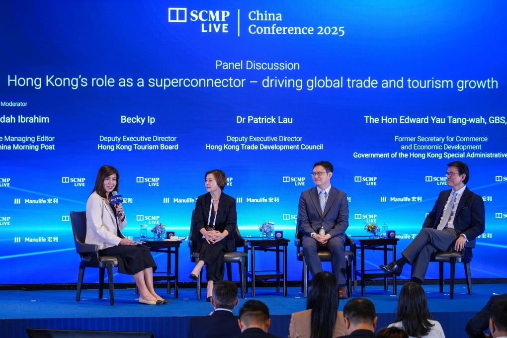 Executive managing editor of the South China Morning Post, Zuraidah Ibrahim (left) alongside Becky Ip Ching-tak, deputy executive director of the Tourism Board, Patrick Lau Hui-ping, deputy executive director of the Hong Kong Trade Development Council and, Edward Yau Tang-wah, the former secretary for commerce and economic development, at the 2025 China Conference themed “Where Capital Meets Innovation”. Photo: Eugene Lee