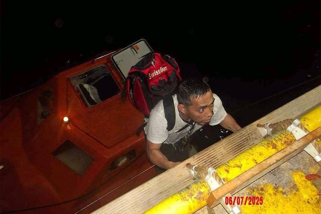 A crew member from the commercial ship Magic Seas is pictured after being rescued in the Red Sea following a recent attack that forced the vessel’s abandonment. Photo: UAE’s Ministry of Foreign Affairs via AFP