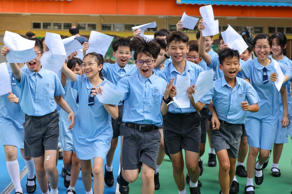 Primary Six students at Yaumati Catholic Primary School (Hoi Wang Road) celebrate their results at their campus in Yau Ma Tei. Photo: Nora Tam