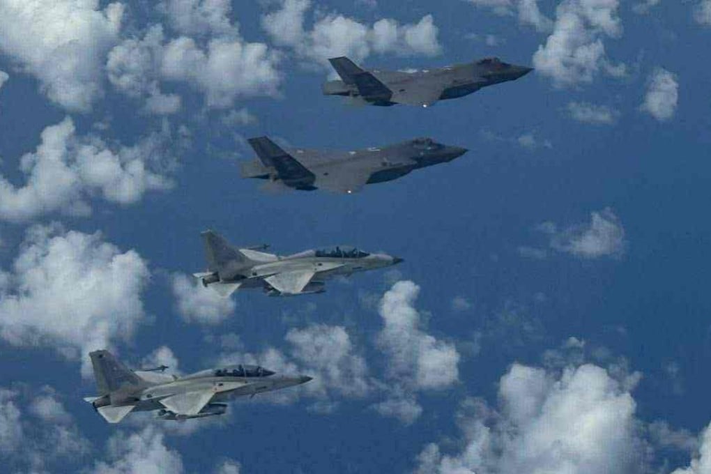 The Philippine Air Force’s FA-50 and Pacific Air Forces’ F-35 aircraft conduct a joint patrol exercise during the Cope Thunder drills on Monday. Photo: Philippine Air Force