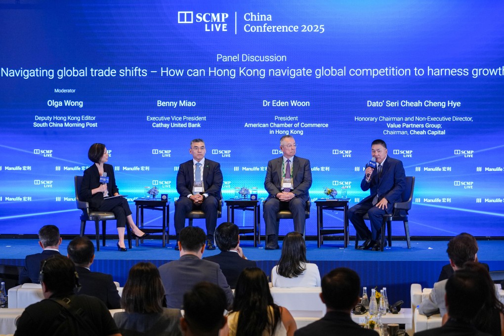(From left): Olga Wong, deputy Hong Kong editor, South China Morning Post; Benny Miao, executive vice president, Cathay United Bank; Eden Woon, president, American Chamber of Commerce in Hong Kong; and Dato’ Seri Cheah Cheng Hye, honorary chairman and non-executive director, Value Partners Group, attend the China Conference 2025. Photo: Eugene Lee