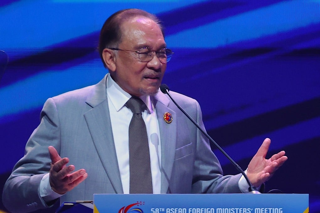 Malaysian Prime Minister Anwar Ibrahim speaks during the opening ceremony of the 58th Association of Southeast Asian Nations Foreign Ministers’ Meetings in Kuala Lumpur on Wednesday. Photo: EPA